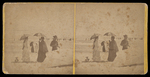 [Two women holding umbrellas conversing on beach] by C.G. Gooding